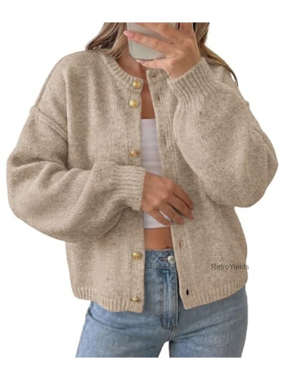 Oversized Chunky Knit Cardigan Crew Neck Lantern Sleeve Button Fall Sweater